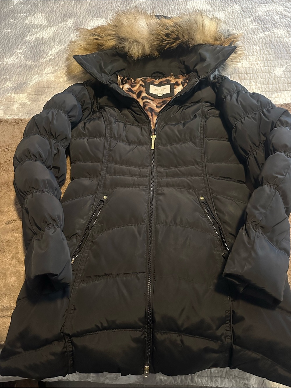 Laundry By Shelli Segal Black Quilted Puffer Coat with Faux Fur Trim
